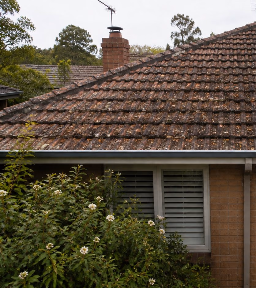 Moss-covered tiled roof before cleaning